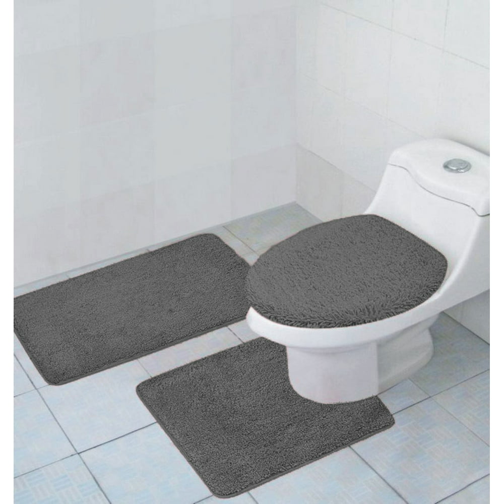 Hailey 3 Piece Bathroom Rug Set, Bath Mat, Contour Rug, Toilet Seat Lid