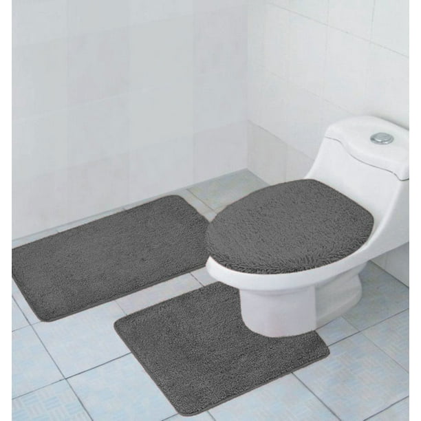 Hailey 3 Piece Bathroom Rug Set Bath Mat Contour Toilet Seat Lid Cover Grey Com - Grey Elongated Toilet Seat Covers