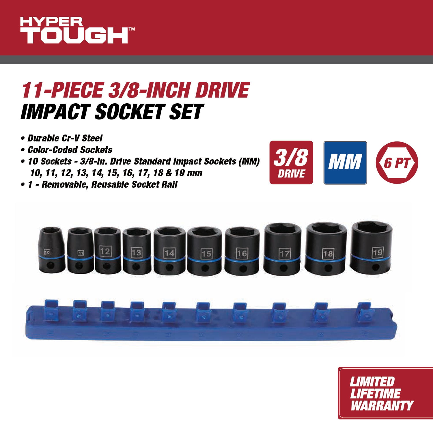 Hyper Tough 11-Piece 3/8-inch Drive Metric Socket Set (mm)