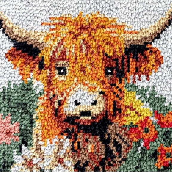 Square Latch Hook Kits Rug DIY Little Flower Highland Cow Cushion Tapestry Making Crochet Hook Rug Making Kits Color Preprinted Pattern Canvas DIY Carpet Needlework Crochet Kits Home Decor 40x40cm