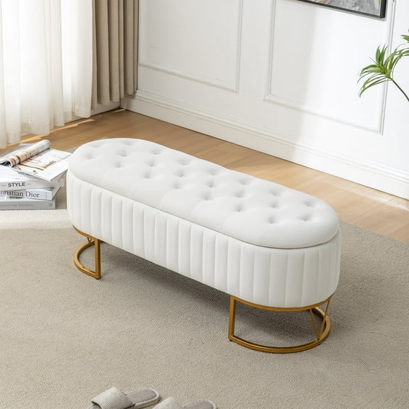 DRKAT Storage Bench Bedroom Bench, Velvet Oval Upholstered End of Bed Bench with Golden Metal Legs, 46” Modern Tufted Storage Ottoman Bench for Bedroom, Living Room, Entryway, Window, Ivory