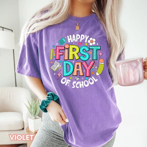 VibeNest Studio Unisex Happy First Day of School Retro Cute Teacher Back to School Garment Dyed Graphic T-Shirt