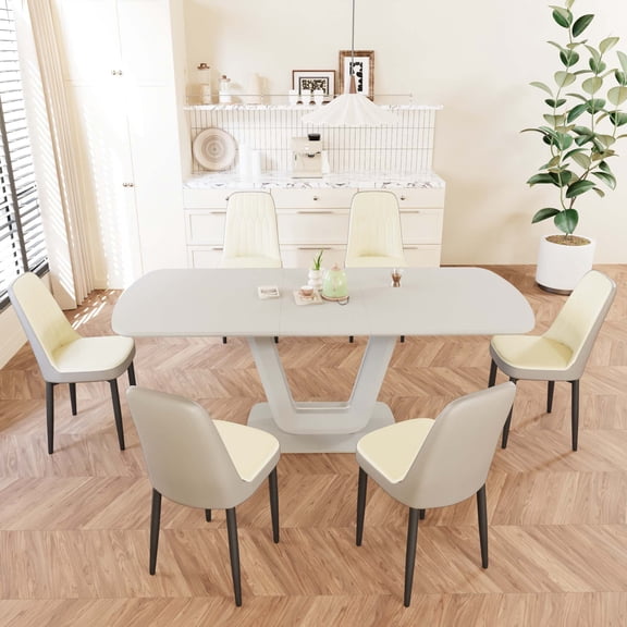 Expandable Dining Table Set for 2-8 People, 6 PU Leather Padded Chairs, U-Shaped Legs, MDF Kitchen & Dining Room Furniture, Beige Grey, Modern Style