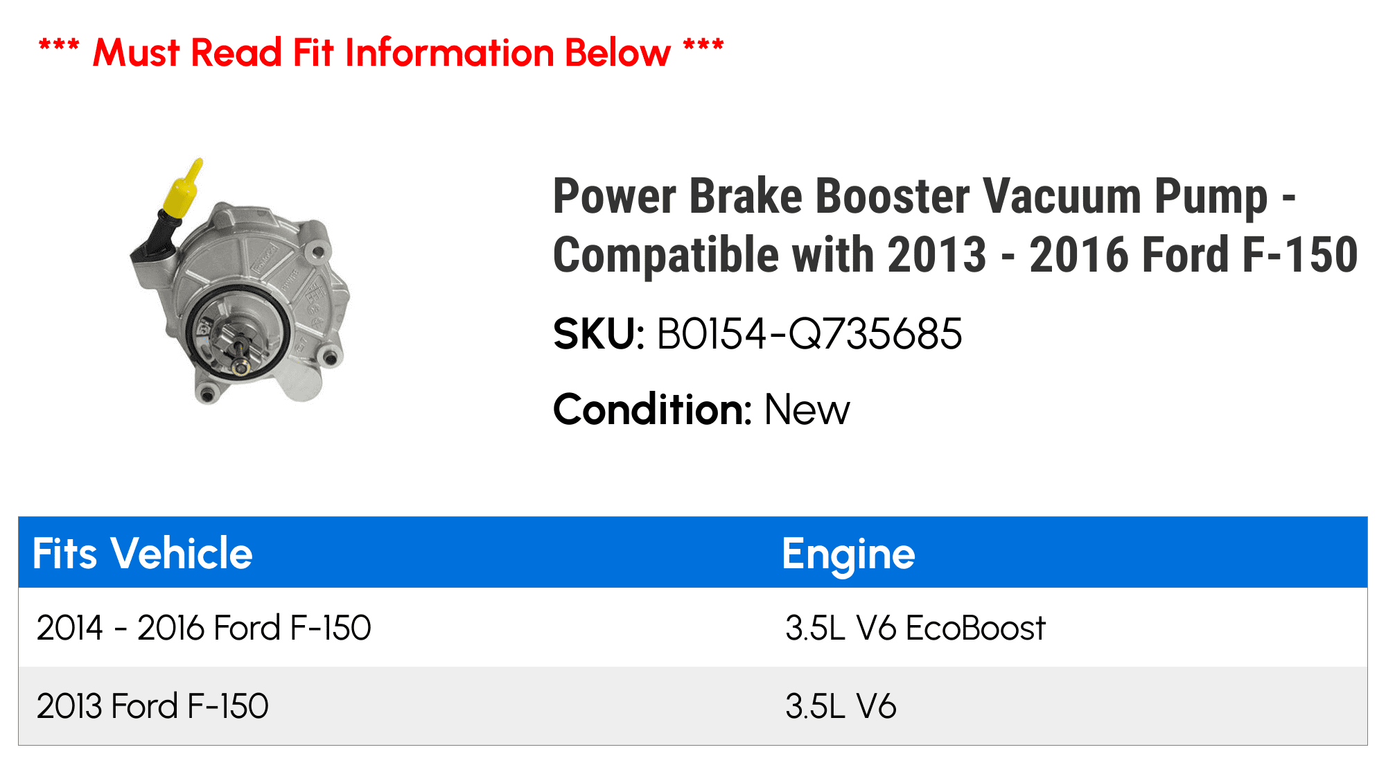 Power Brake Booster Vacuum Pump - Compatible with 2013 - 2016 Ford F-150 2014 2015