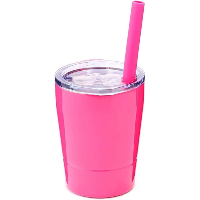 Vaso de acero inoxidable para niños, bonito vaso pequeño con tapa y pajita de silicona