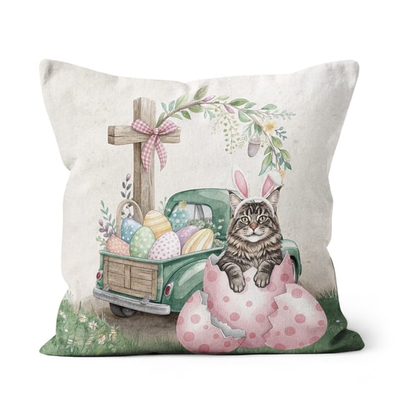 Easter Egg Maine Coon Bunny Ear Welcome Spring Truck Pillow Cushion Double Sided Cat Lover Kitten Owner Gifts Throw Pillow - 12002
