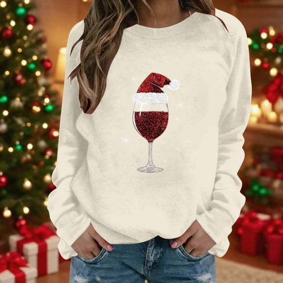 Women's Christmas Sweatshirts Crewneck Xmas Classic Wine Glass Printed Shirts Loose Long Sleeve Blouses Casual Sweatshirt Holiday Party Pullover Sweater Tops
