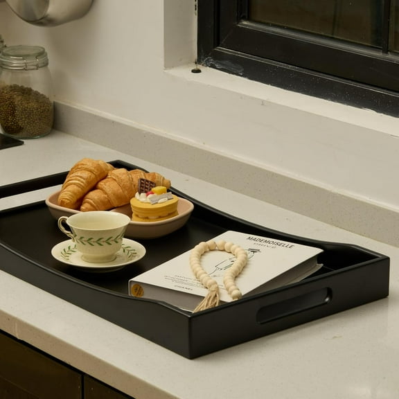 Large Ottoman Tray, 26 x 15 Inches - Wooden Serving Tray for Dining & Parties, with Handles for Food, Cheese, Snacks, Tea, Coffee & Wine - Black