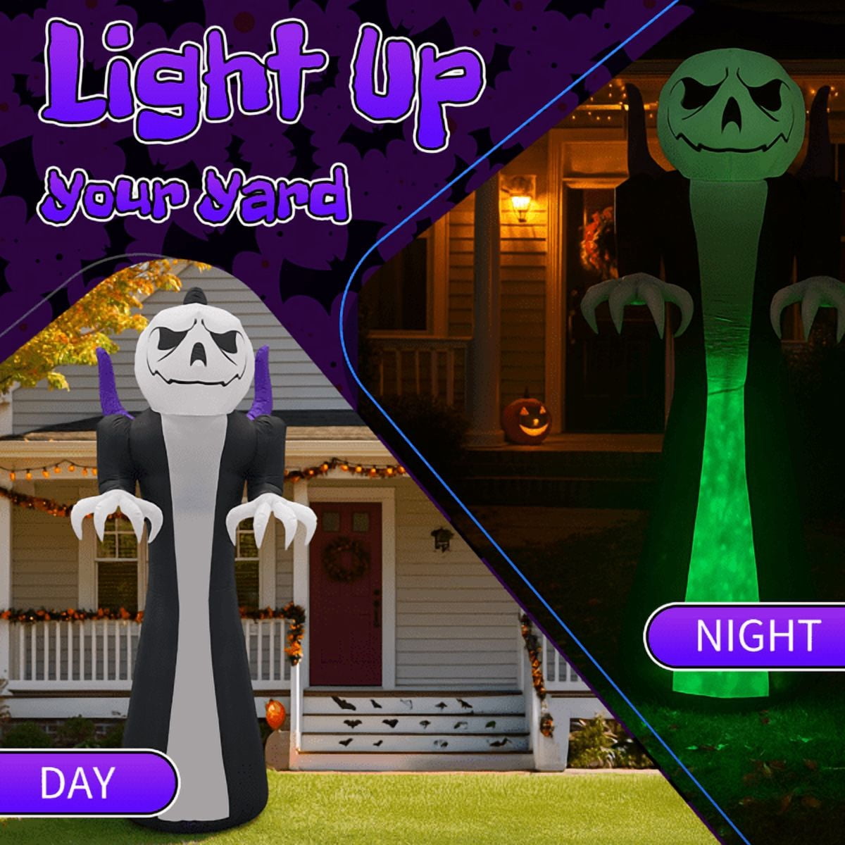 Alvantor 12 ft Pumpkin Head Grim Reaper Halloween Inflatable with 3-Color LED Flame Light, Black and White
