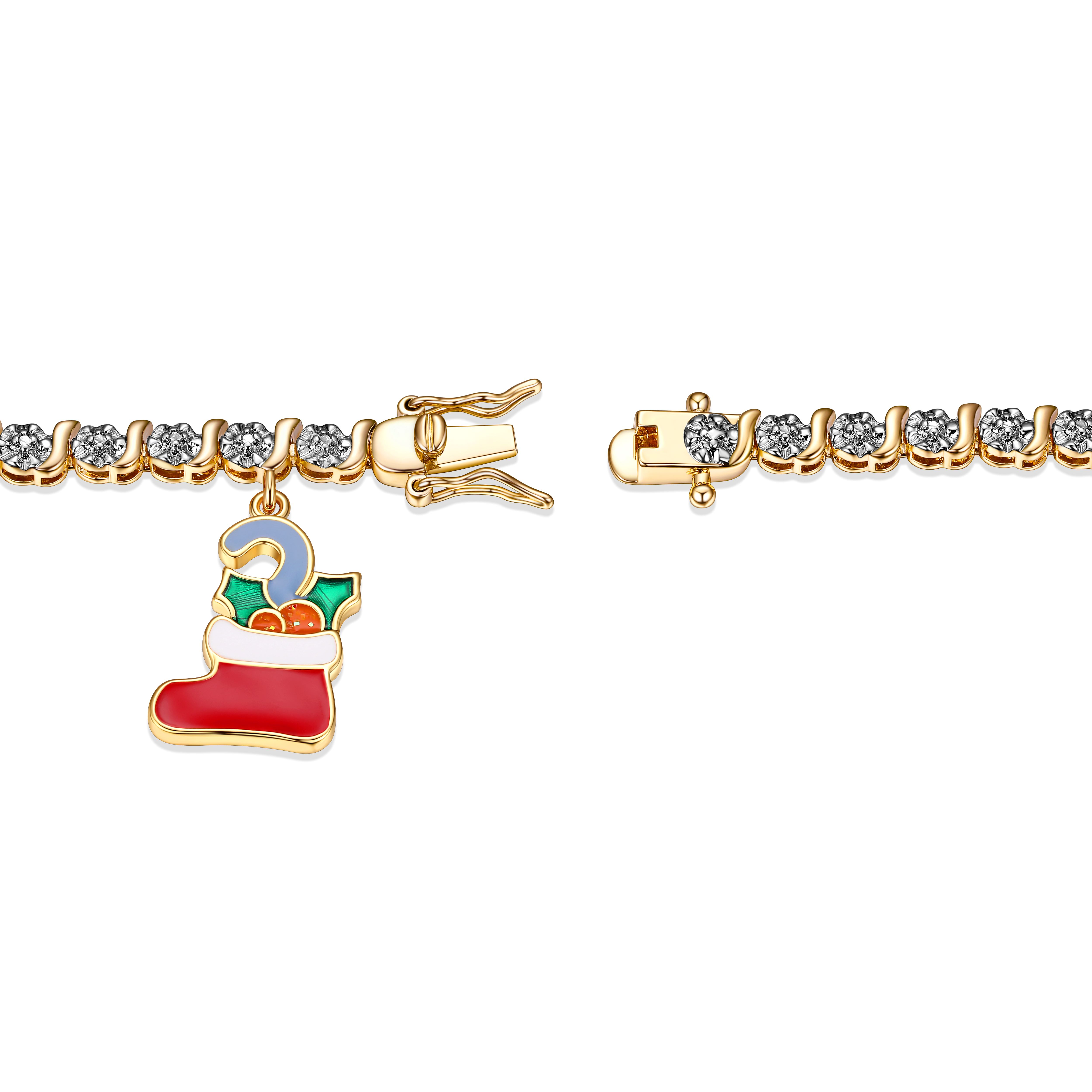 Fine Silver Plated Diamond Accent "S" Link Gold Tone Tennis Bracelet With Enamel Holiday Christmas Stocking Charm 7.25"