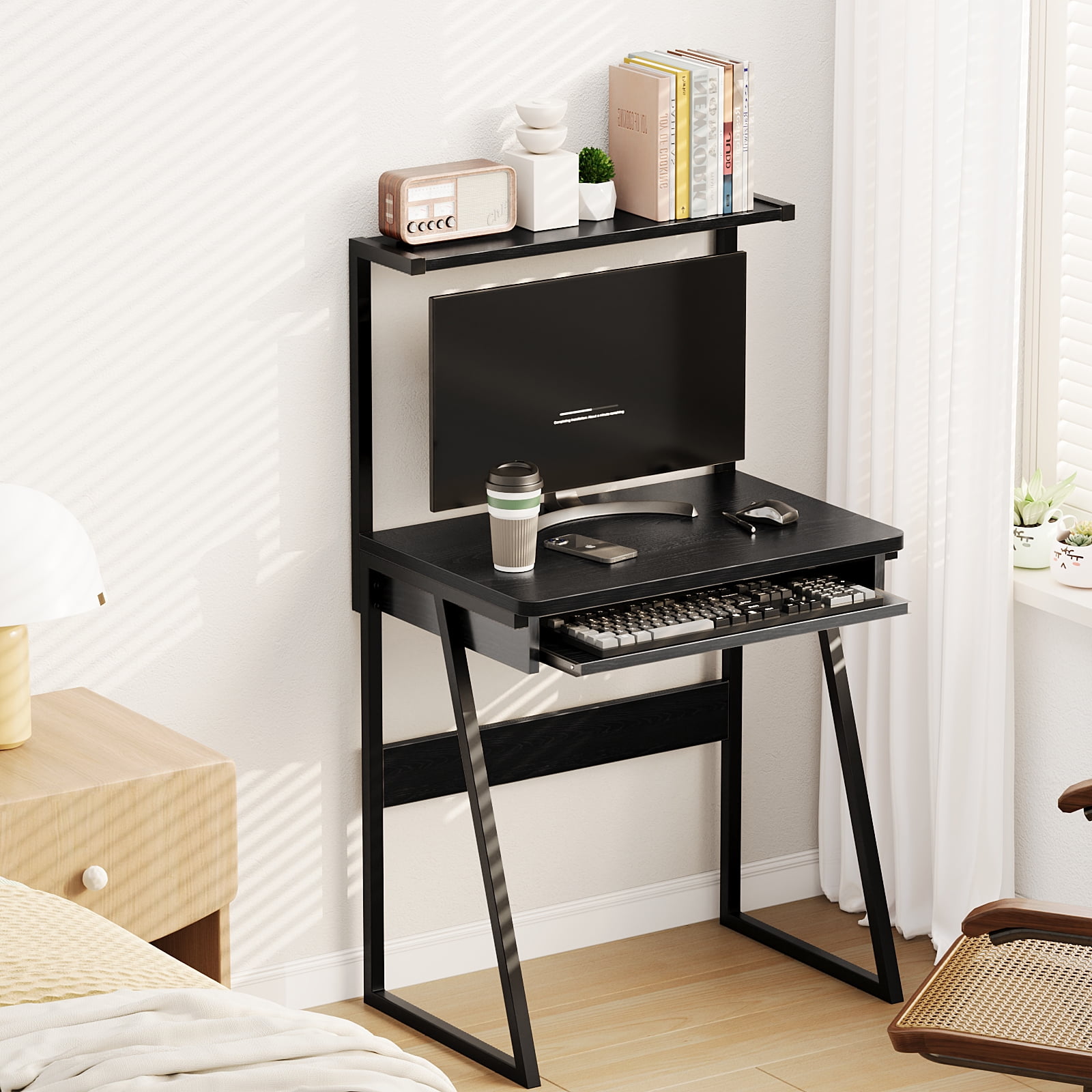 ALISENED 2 Tiers Small Computer Desk for Small Space, Compact Laptop Table Workstation with Keyboard Tray, Study PC Table for Home Office, Black