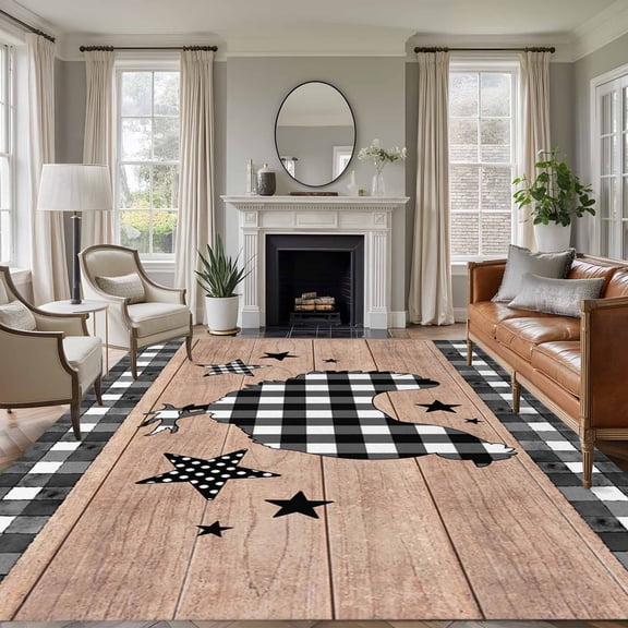 Large Area Rugs for Living Room Bedroom, Chicken Hen 6'x9' Rug Washable Carpet Runner Indoor Outdoor, Rooster Animals Farmhouse Plaid Brown Wooden Grain Non Slip Floor Mats Rug for Kitchen, Playroom