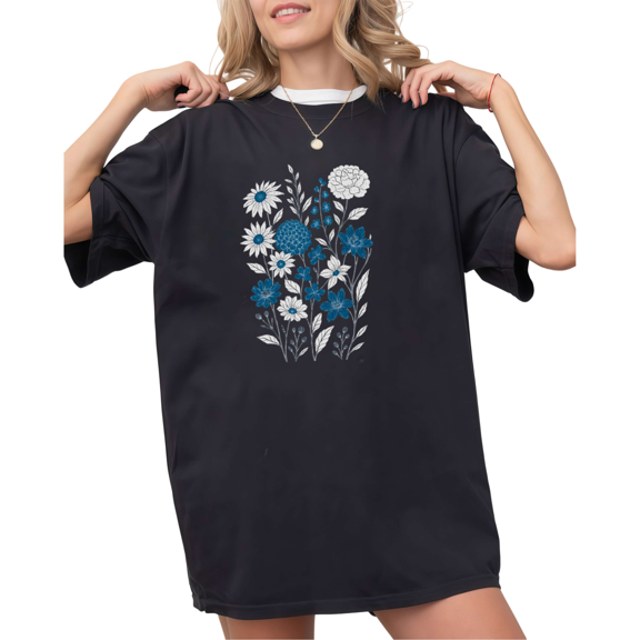 UNISHE Women's Blue White Wildflower Bouquet Botanical Floral Graphic Black Short Sleeve T-Shirt Holiday S-5XL Top