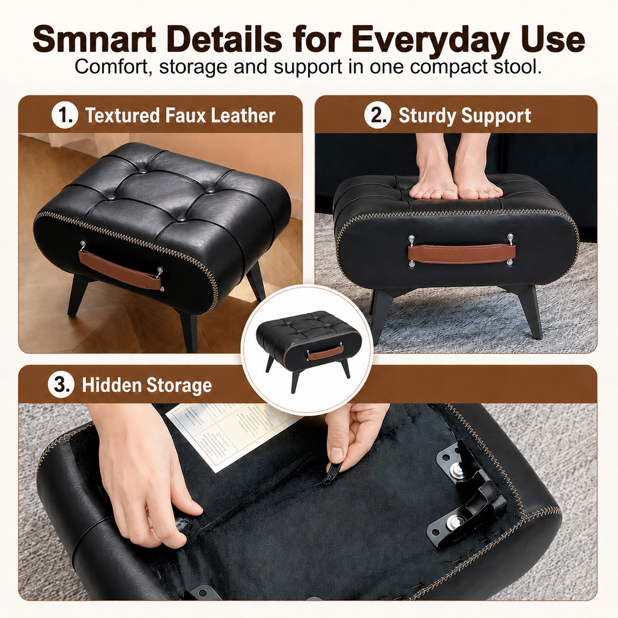 Leumius Modern Leather Stool with Hidden Storage,Portable Handles & Metal Legs,Square Footrest for Living Room,Black