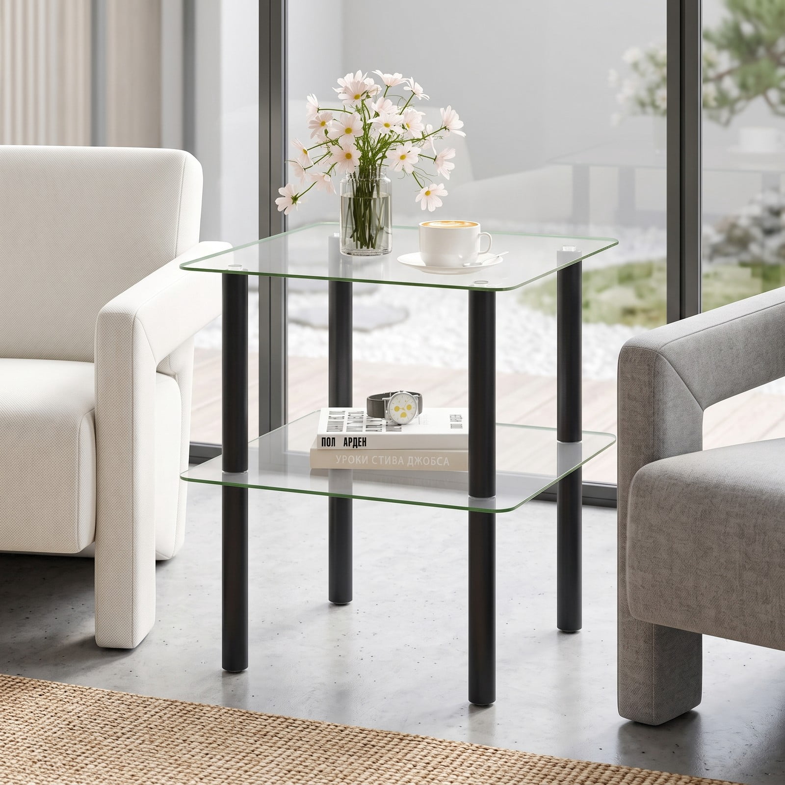 Furnibear 2-Tier Square End Table with Tempered Glass Top and Storage Shelf, Rubber Wood Legs Side Table for Living Room Bedroom, Round-Edge Nightstand, Clear & Black
