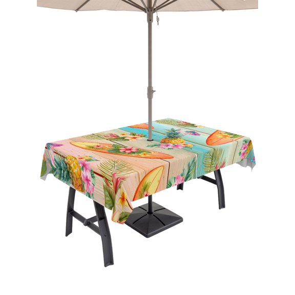 Outdoor Tablecloth with Umbrella Hole for Patio/Picnic/Party/Camping, Tropical Palm Leaves Waterproof Table Cloth Rectangle Table Cover Washable, Summer Ocean Surfboard Pineapple Floral (52"x 70")