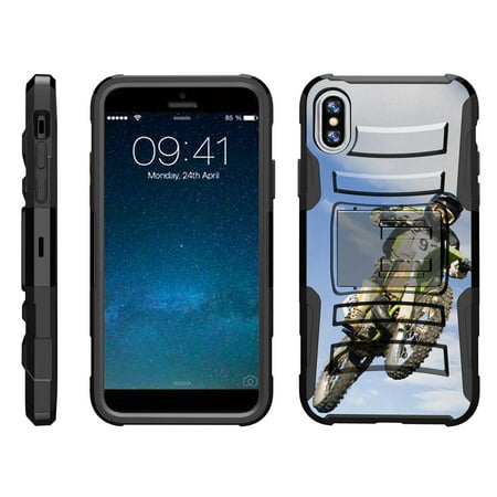 TurtleArmor ® | For Apple iPhone X | Apple iPhone 10 [Hyper Shock] Hybrid Dual Layer Armor Holster Belt Clip Case Kickstand - Motocross