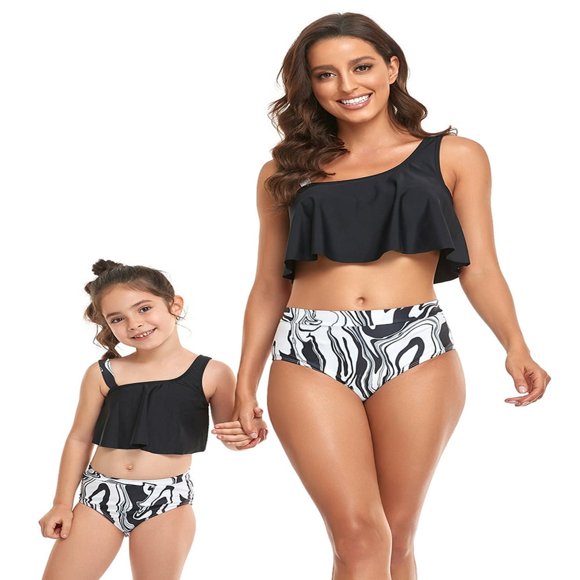 Family Matching Swimwear Mom and Daughter Patchwork Bra Ruffled Tops with Briefs Swimsuit