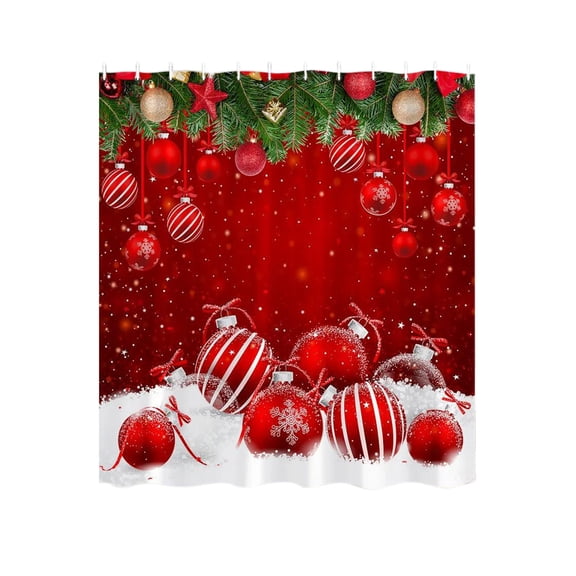 dajkiuy Christmas Shower Curtain for Bathroom Red Christmas Balls Pine Branches Snowflakes for New Year Polyester Fabric Home Decoration with Hooks 35x71 Inch