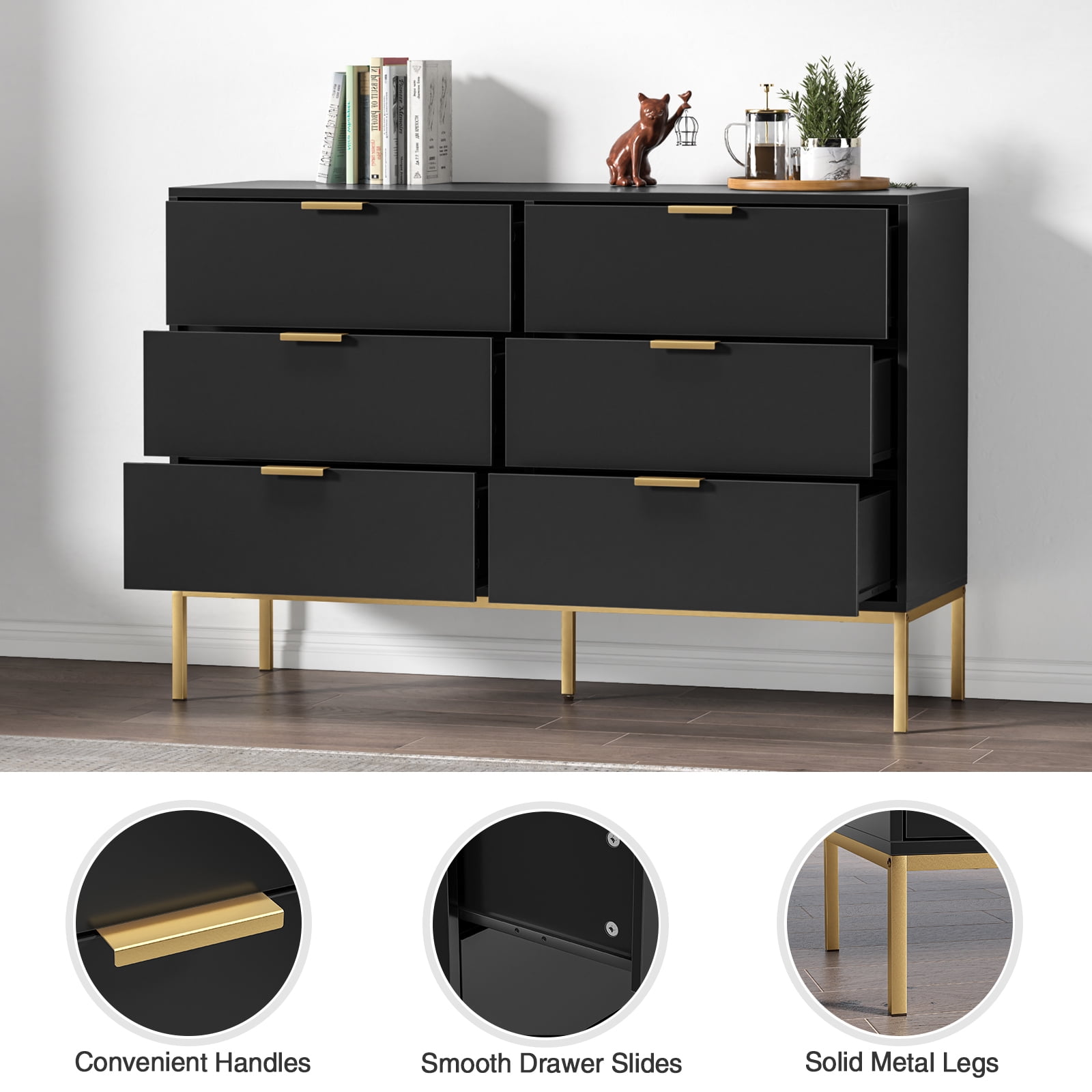 Eumyviv Modern Chest of Drawers with Gold Handles Mid Century Modern 6-Drawer Storage Dresser for Bedroom Living Room, Black H0123