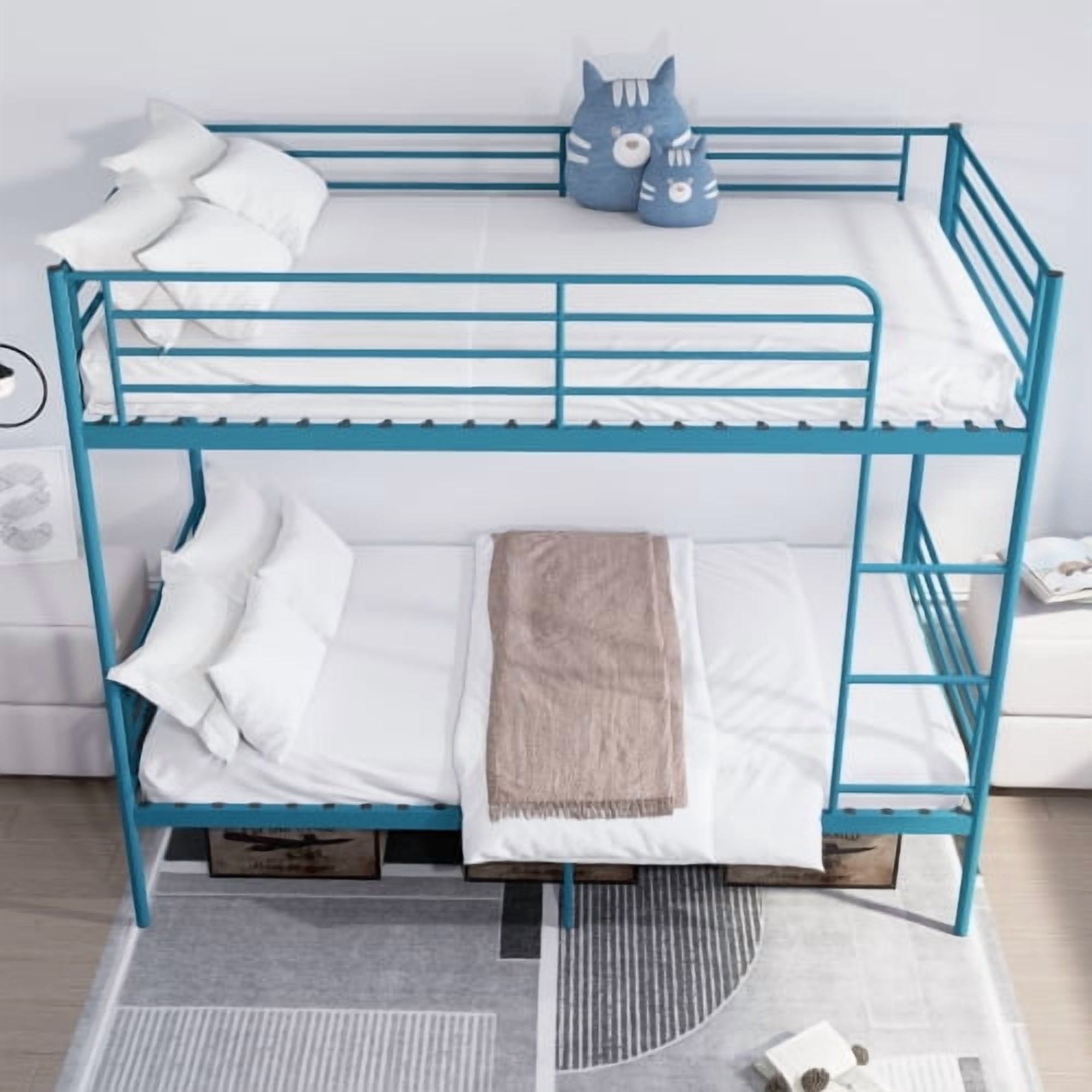 Twin Over Twin Metal Bunk Bed with Ladder and High Guardrail, Convertible to 2 Twin Beds, Noise-Free, Storage Space, Blue