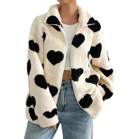 DHFJKG Women Oversized Fuzzy Coat Heart Print Zipper Cardigan For Fall Winter Long Sleeve Turndown Collar Soft Jackets
