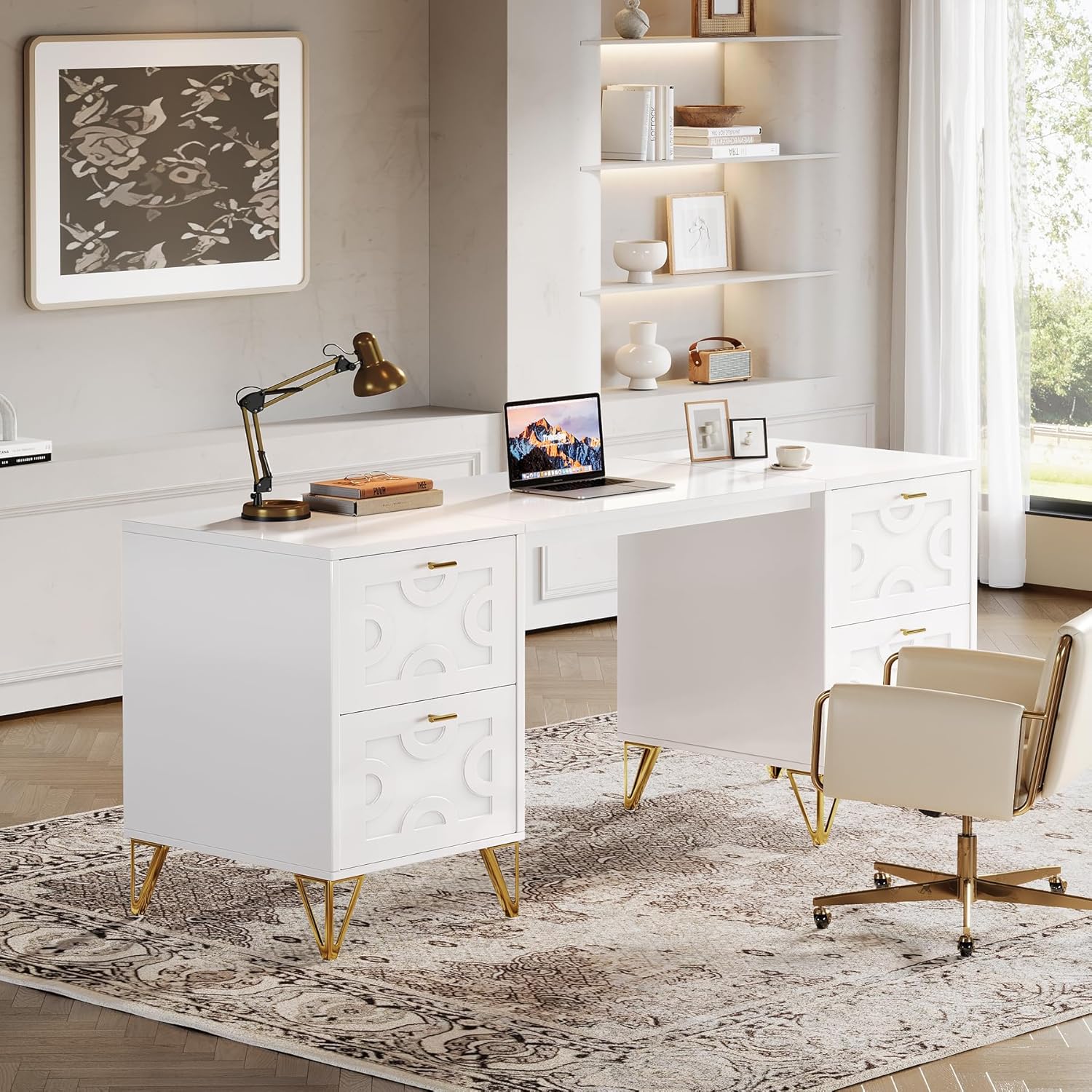 Finmind White Computer Desk with File Drawers, 59'' Modern Home Office Desk, Work Desk with Storage with Gold Legs for Home Office