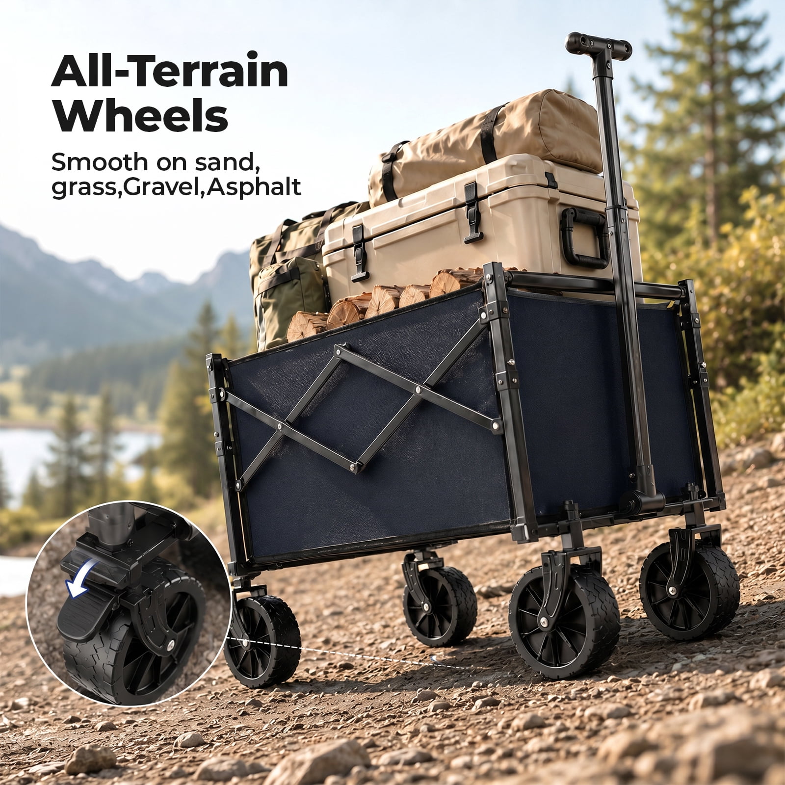 Alvantor Folding Wagon Cart, 220LBS Heavy Duty Collapsible Utility Cart with All-Terrain Wheels & Brake, Portable Outdoor Wagon for Camping Garden Beach Shopping Grocery