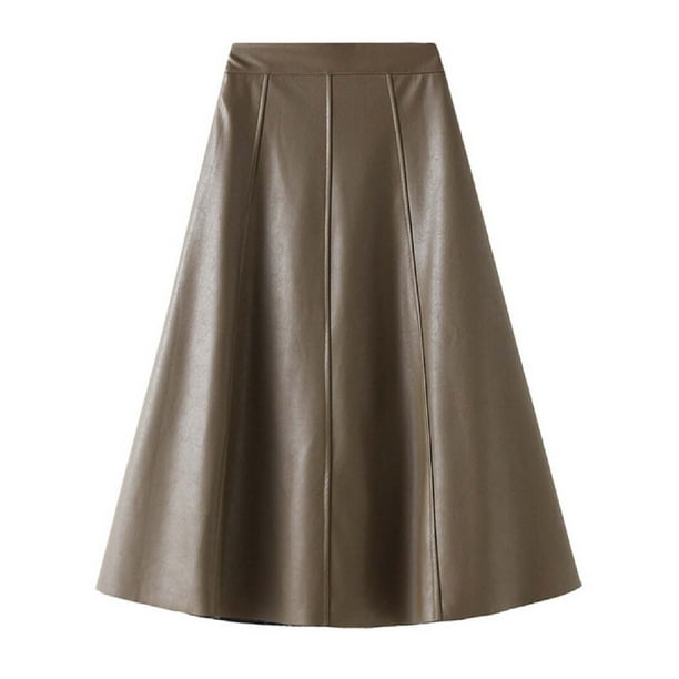 Falda acampanada de cuero PU de cintura alta para mujer - Falda plisada ancha adelgazante para el trabajo/fin de semana (S-XL)