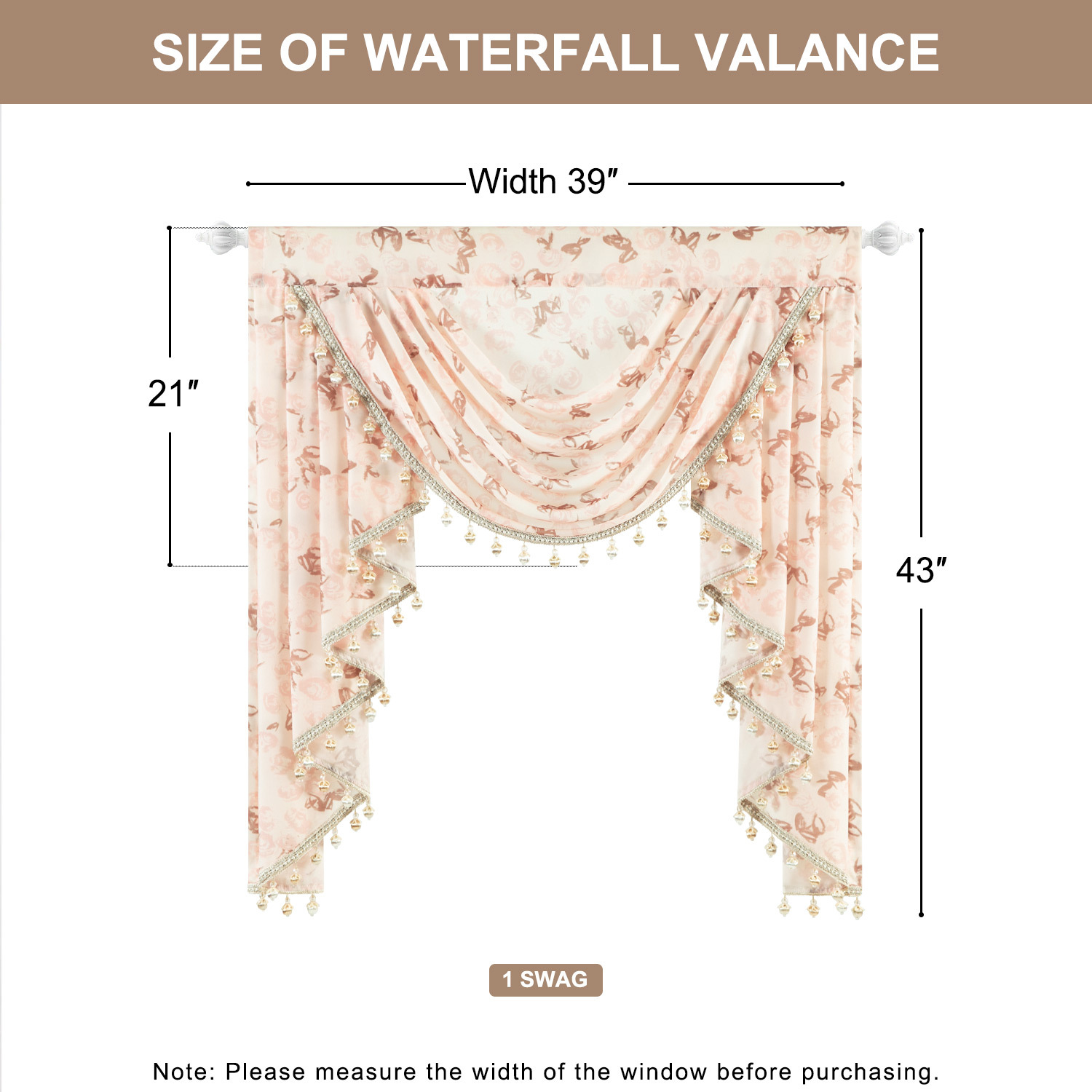 VOGOL Waterfall Valance 39x43 Inch - Sheer Voile, Vintage Pink Roses Print, Beaded Tassels, Farmhouse Style for Bedroom, Living Room, Nursery