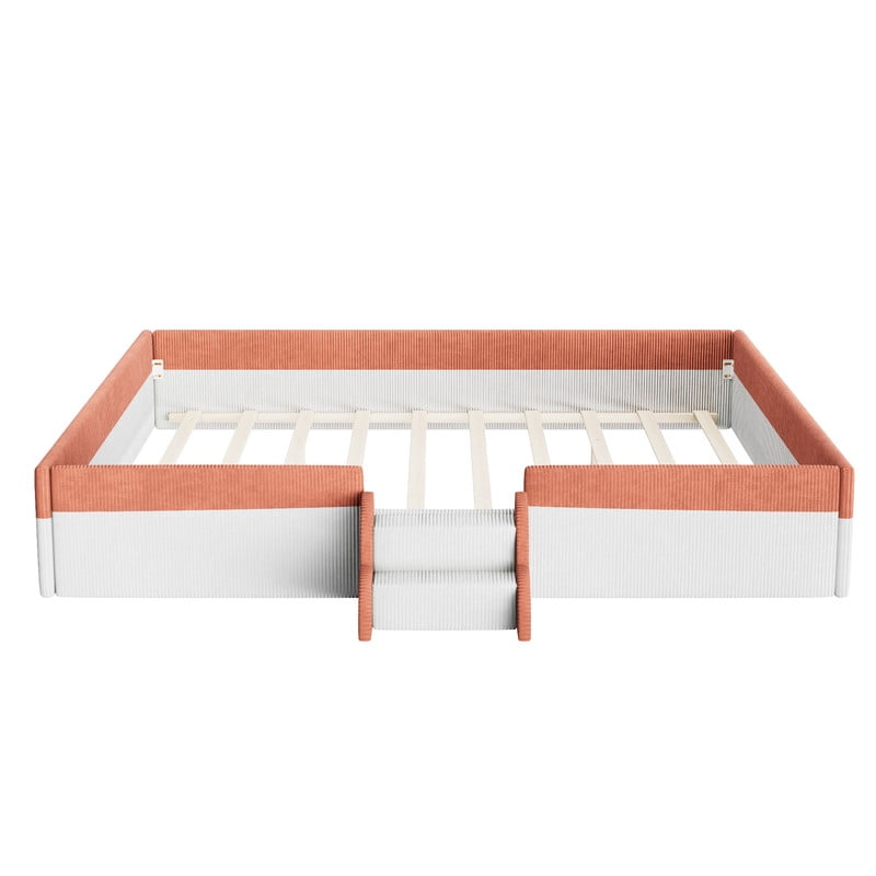 King Size Upholstered Floor Bed with Fence, 2-Tier Steps and Smart LED Lights, Corduroy Platform Bed Frame with Guardrails, Low Profile Montessori Bed for Boys Girls