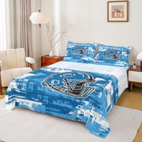 Homewish Sport Football Full Size Sheets 4-Piece for Teens Boys Girls,Ball Gamer Breathable Bed Sheets,Blue White Graffiti Lightweight Sheet Sets,Microfiber Bedroom Decor