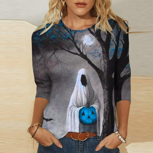 Jienlioq Hauts Corset pour Femmes Mode Féminine Décontractée d'Halloween Imprimée Col Rond Manches 3/4 T-Shirt Hauts Liquidation Soldes