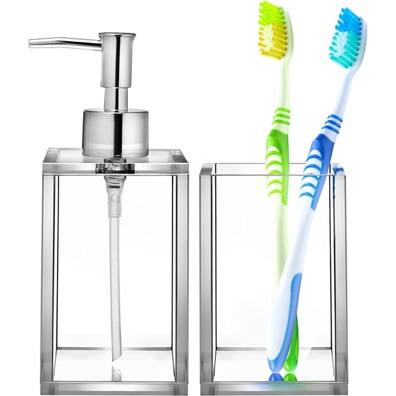 Acrylic Clear Bathroom Accessories Set, Square Bathroom Soap Dispenser and Toothbrush Holder Set, Sturdy Vanity Countertop Bath Accessories Sets for Modern Bathroom Decor | 2-Piece Accessory Set