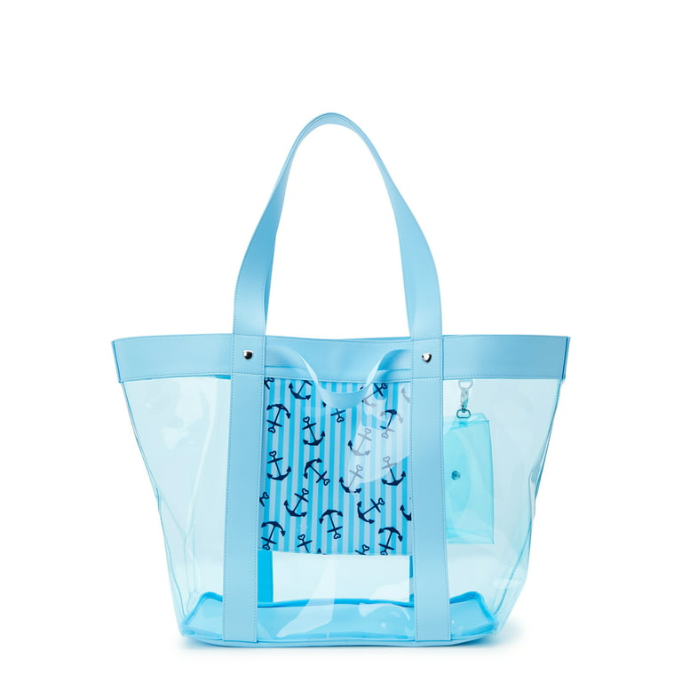 No Boundaries Women's Vinyl Beach Tote with Removable Glasses Case, Blue 