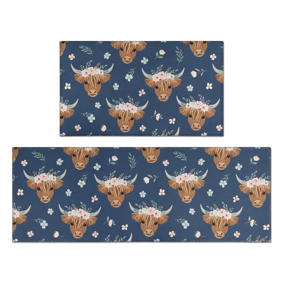 Highland Cow and Flower Print Anti Fatigue Kitchen Rugs Set Of 2, Non Slip Washable Decorative Floor Mats for Kitchen Sink Laundry, 17"x30" and 17"x47"