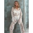 thumbnail image 5 of 2 Piece Lace Outfits for Women Floral Sheer Tie Frone Long Sleeve Crop Top and Pants Outfit White S, 5 of 8