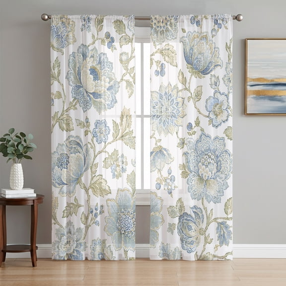 Sheer Curtains 63 Inch Length 2 Panels Set for Bedroom, Blue Elegant Tulips Semi Sheer Curtains for Windows, Chic Floral Farmhouse Voile Window Treatments Rod Pocket Curtain