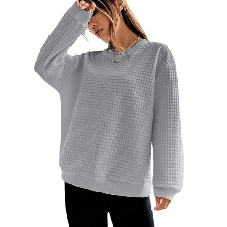 Waffle Knit Sweater Top Womens Fashion Crew Neck Sweatshirt Loose Plain  Pullover Long Sleeve Casual Jumper Blouse (X-Large, Gray)