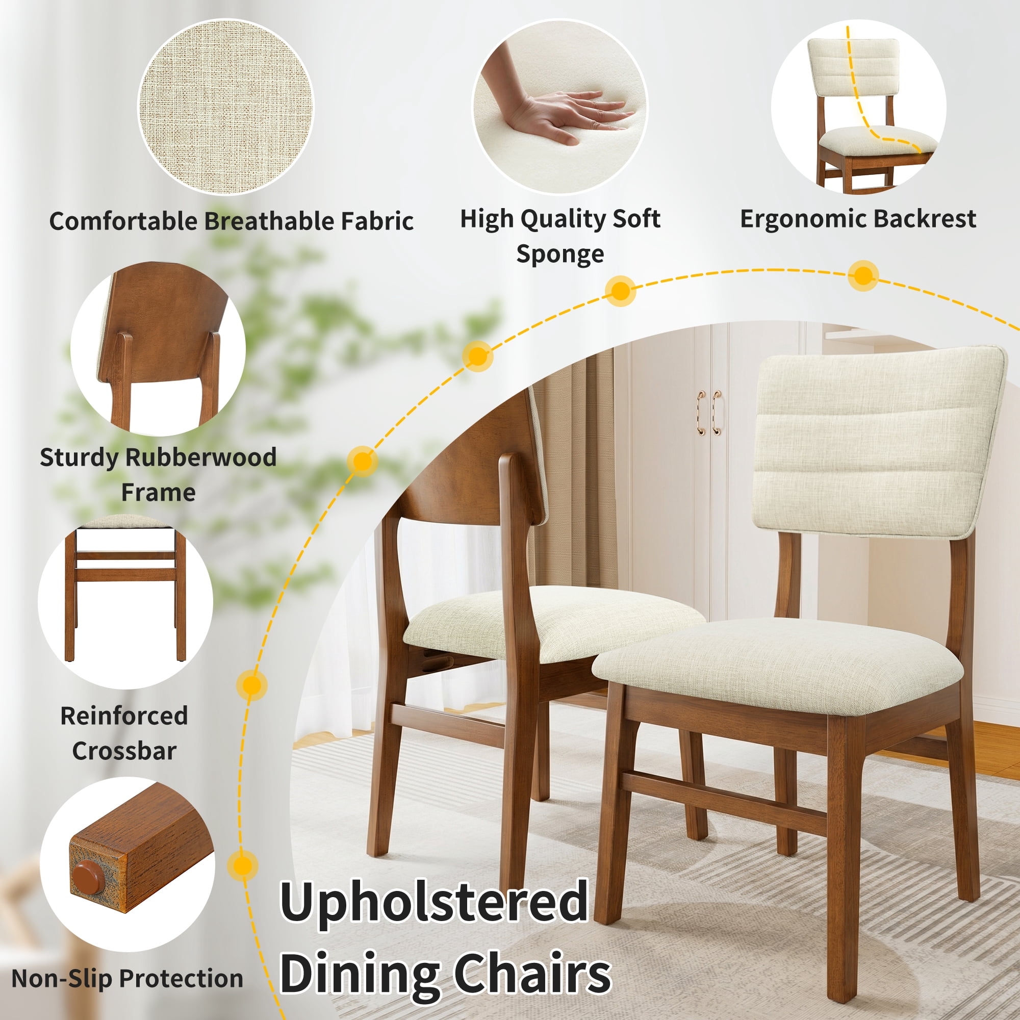 Euroco 5-Piece Wood Dining Table Set for 4,Farmhouse Kitchen Table & 4 Upholstered Chairs Set with Curved Backrest for Kitchen, Dining Room,Space-Saving,Brown+Biege