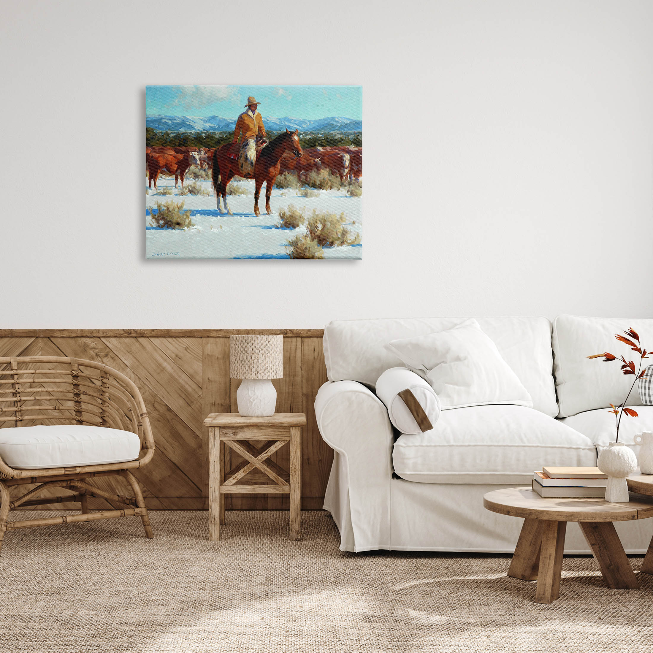 Winter Cowboy Cattle Landscape Animals & Insects Painting Gallery Wrapped Canvas Print Wall Art