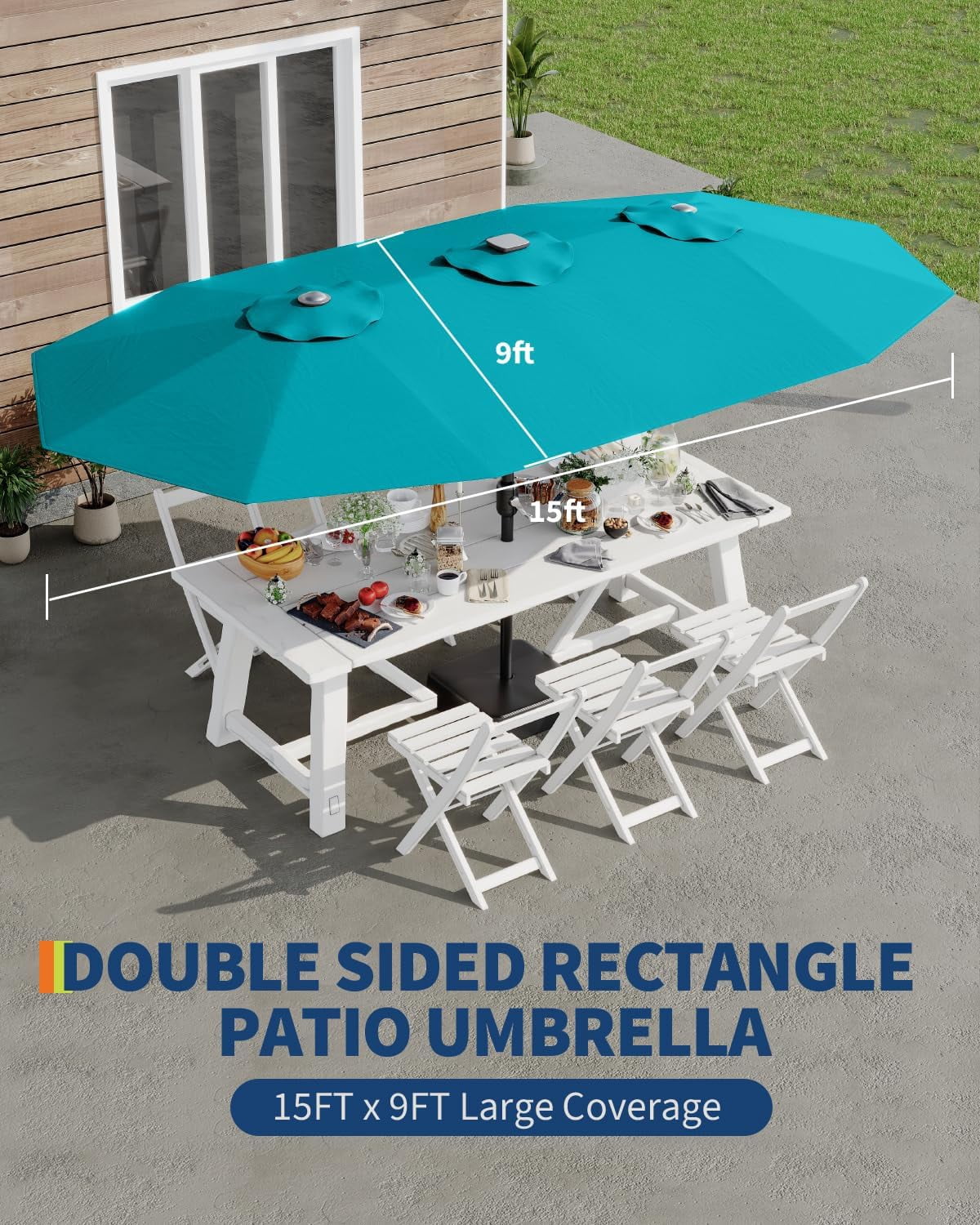 15ft Patio Umbrella with Solar Lights, Outdoor Large Umbrellas with Crank Handle and 36 LED Lights, Rectangular Market Umbrella with Base Included for Deck Pool Shade