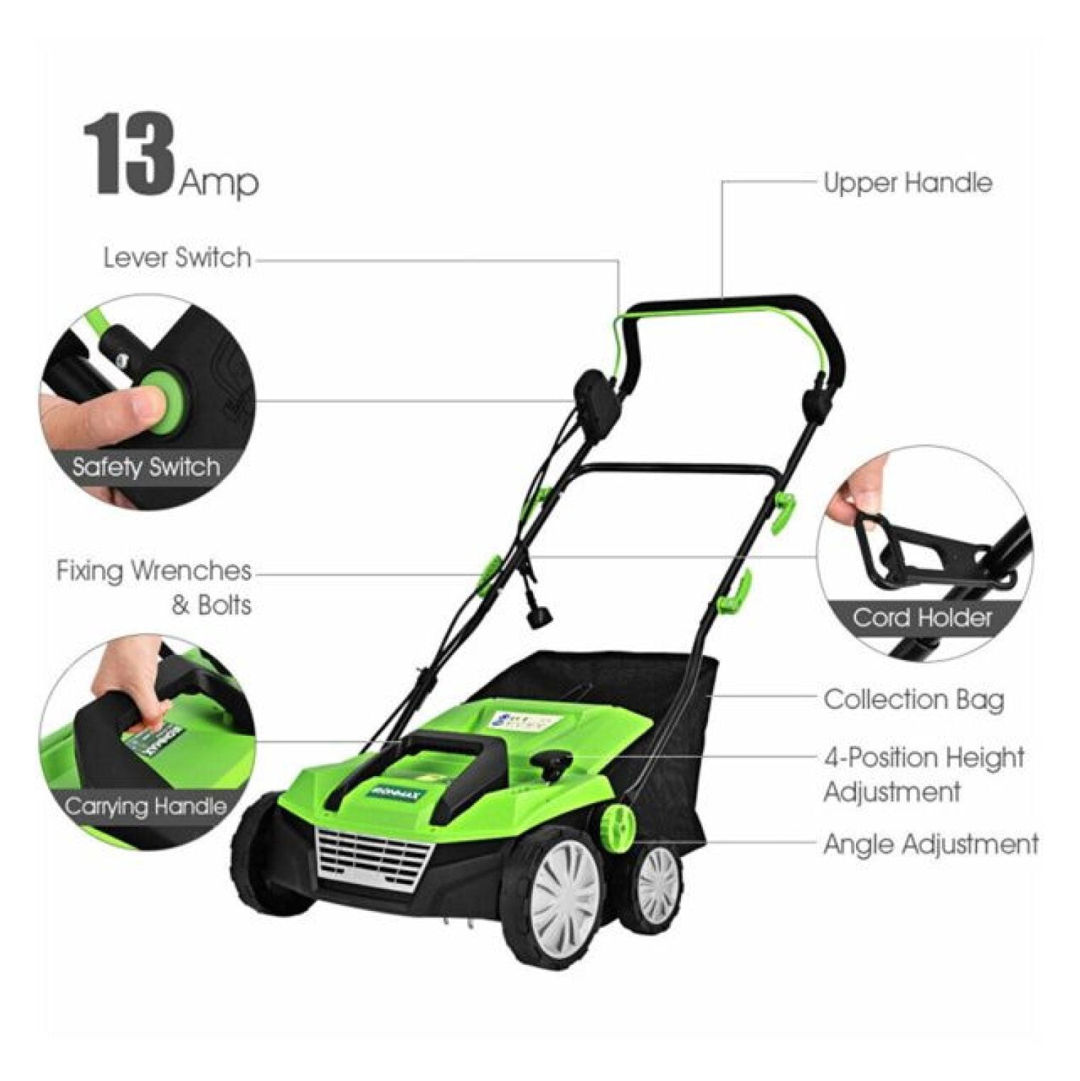 13 Inch 12 Amp Electric Scarifier with Collection Bag and Removable Blades Electric Lawn Dethatcher w/ 50L Collection Bag Green