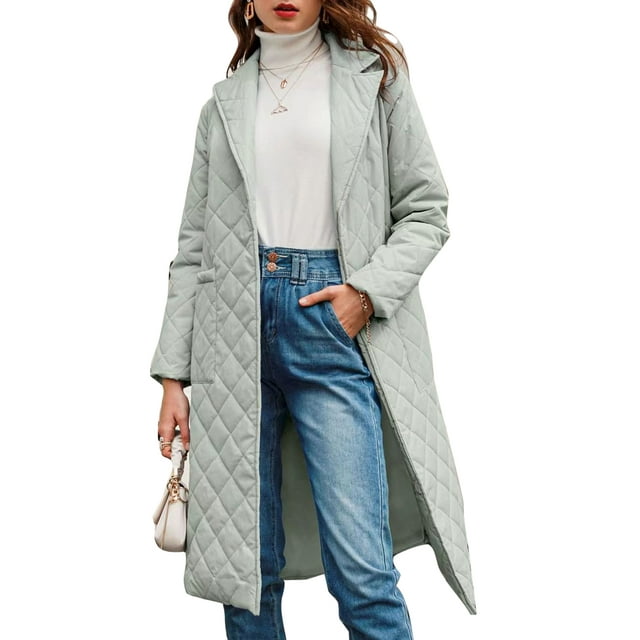 Innerwin Coats Notch Lapel Women Pea Coat Winter Solid Color Loose Quilted Jacket Light Green L