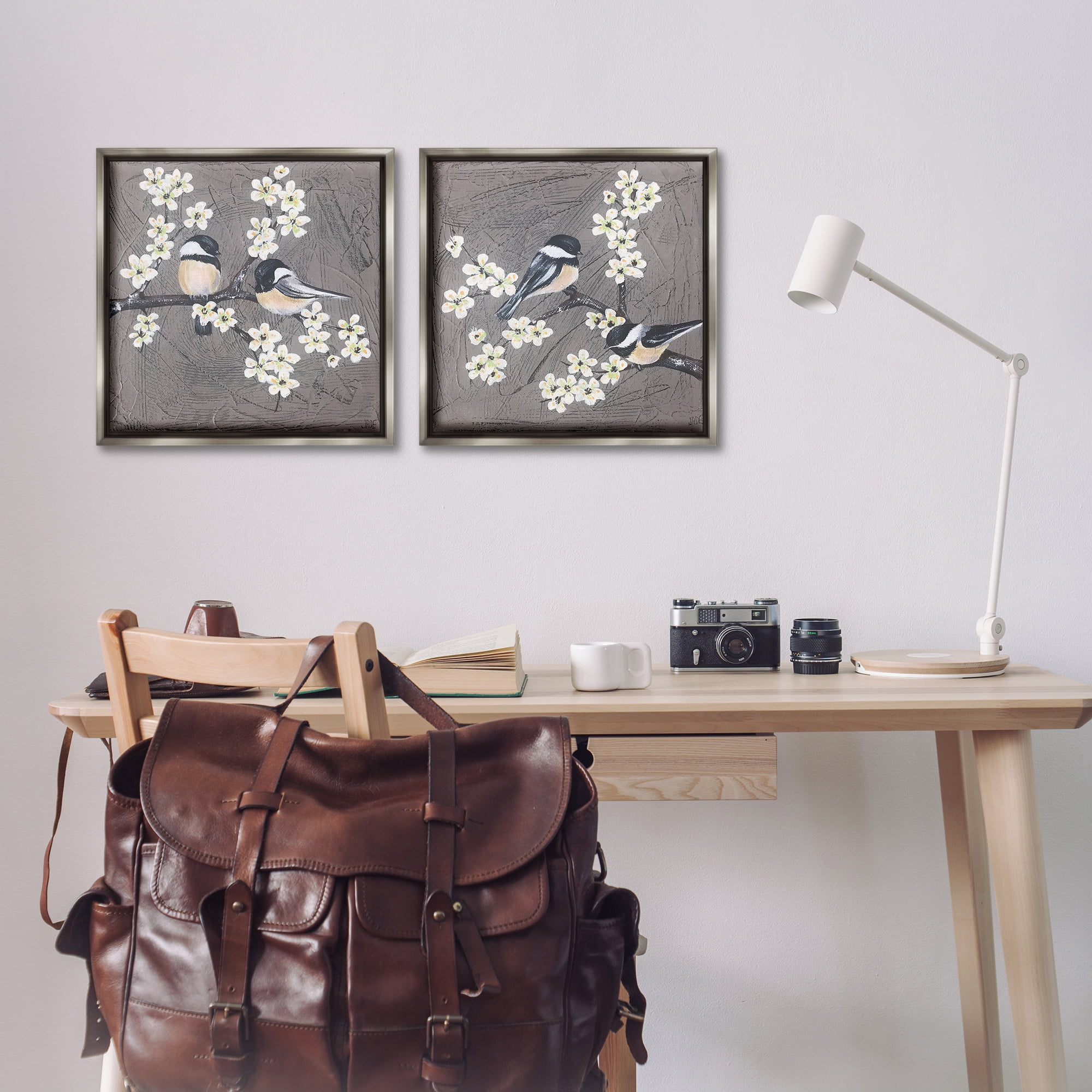 Stupell Industries Chickadee Birds Flowering Branch Animals Painting Gray Floater Framed Canvas Art Print Wall Art, 18 x 18, Set of 2