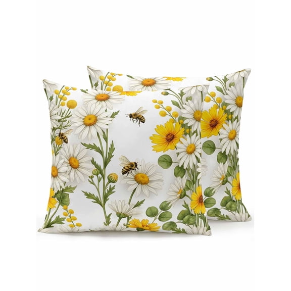 Outdoor Pillows Waterproof, Summer Botanical Bedding Throw Pillows with Insert for Couch Sofa Bed, Daisy Greenery Pastoral Bee 16x16 Inch Pillowcases Decorative Camping Patio Pillow Set of 2