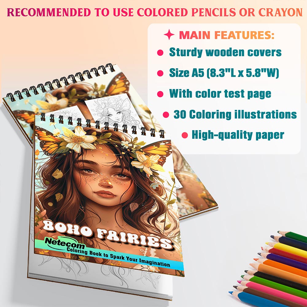 Netecom Boho Fairies Coloring Book for Adults, A5 Wooden Cover, 30 Stunning Portraits Coloring Pages of Bohemian Mythical Fairies for Stress Relief and Relaxation, Spiral Bound Edition