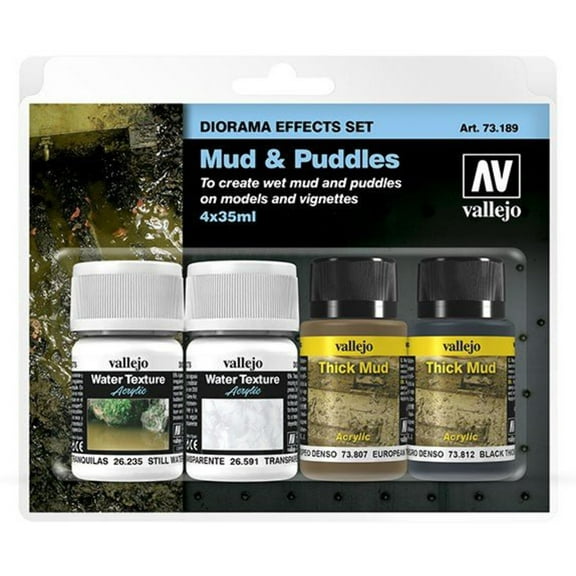 Acrylicos Vallejo VJP73189 Diorama Effect Mud & Puddles Acrylic Paint & Brush - Pack of 4