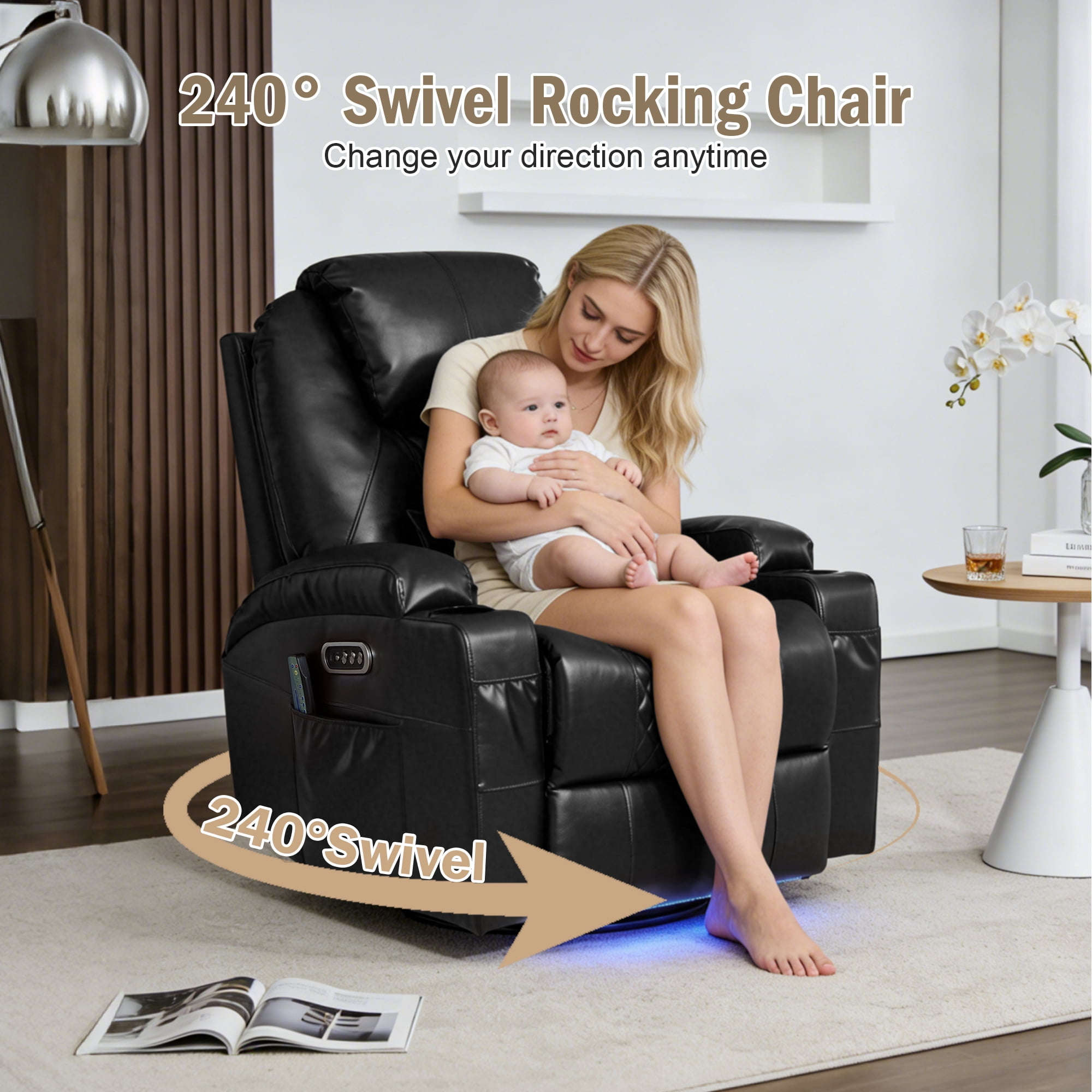 QJTC Power Rocker Recliner Chair with Heat and Massage, 240° Swivel Recliner Chair with Lumbar Pillow/Cup Holder/LED Lights/USB Ports, Black