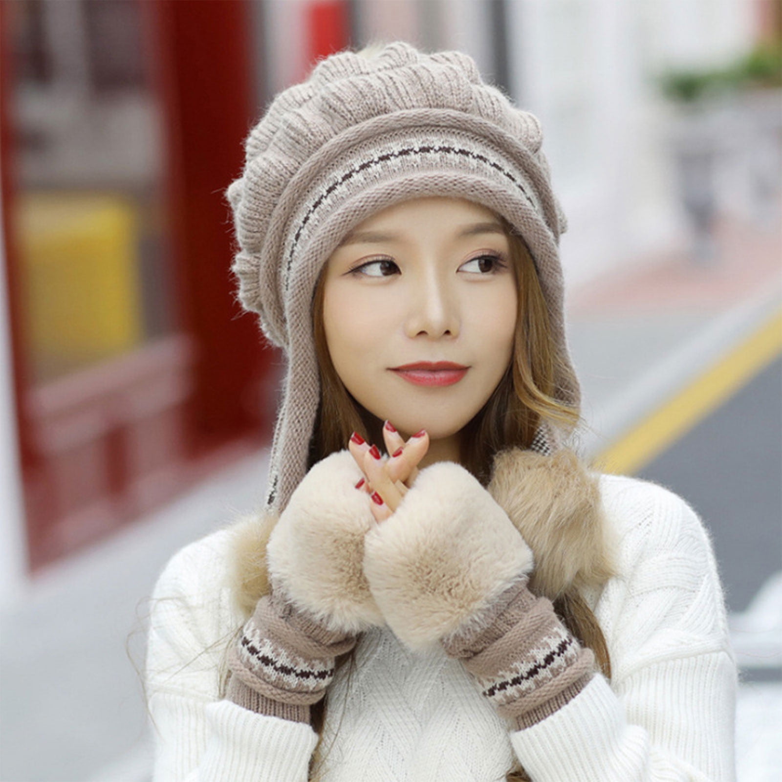 Women's One Piece Fleece Lined Beanie Hat & Scarf Set - Winter Warm Knitted Ski Mask With Pom Pom, Pink - View #6